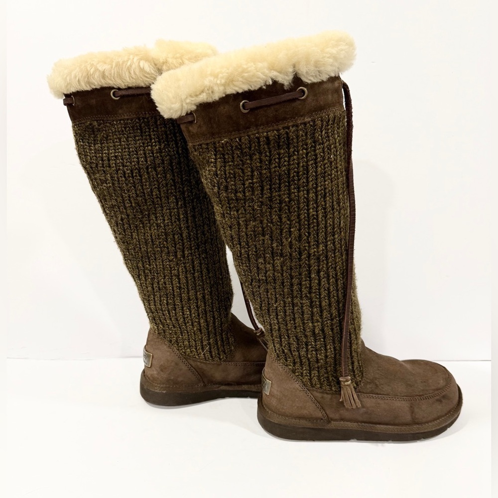 UGG Australia Tall Knit Shearling Boots Brown Leather Tassel Women’s 6 - Picture 3 of 13